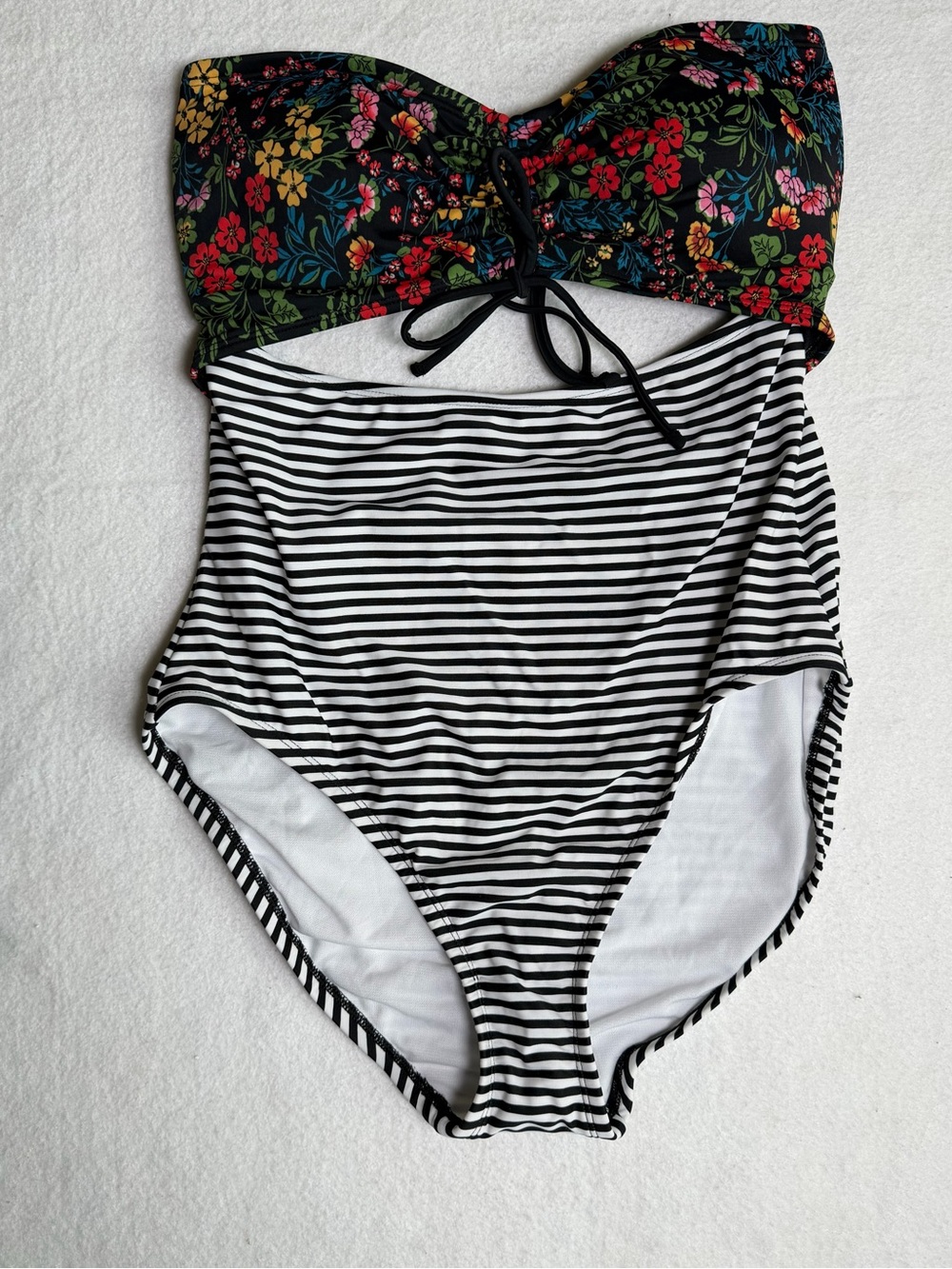 Time and Tru Black Floral & Black/White Stripe One-Piece Swimsuit L